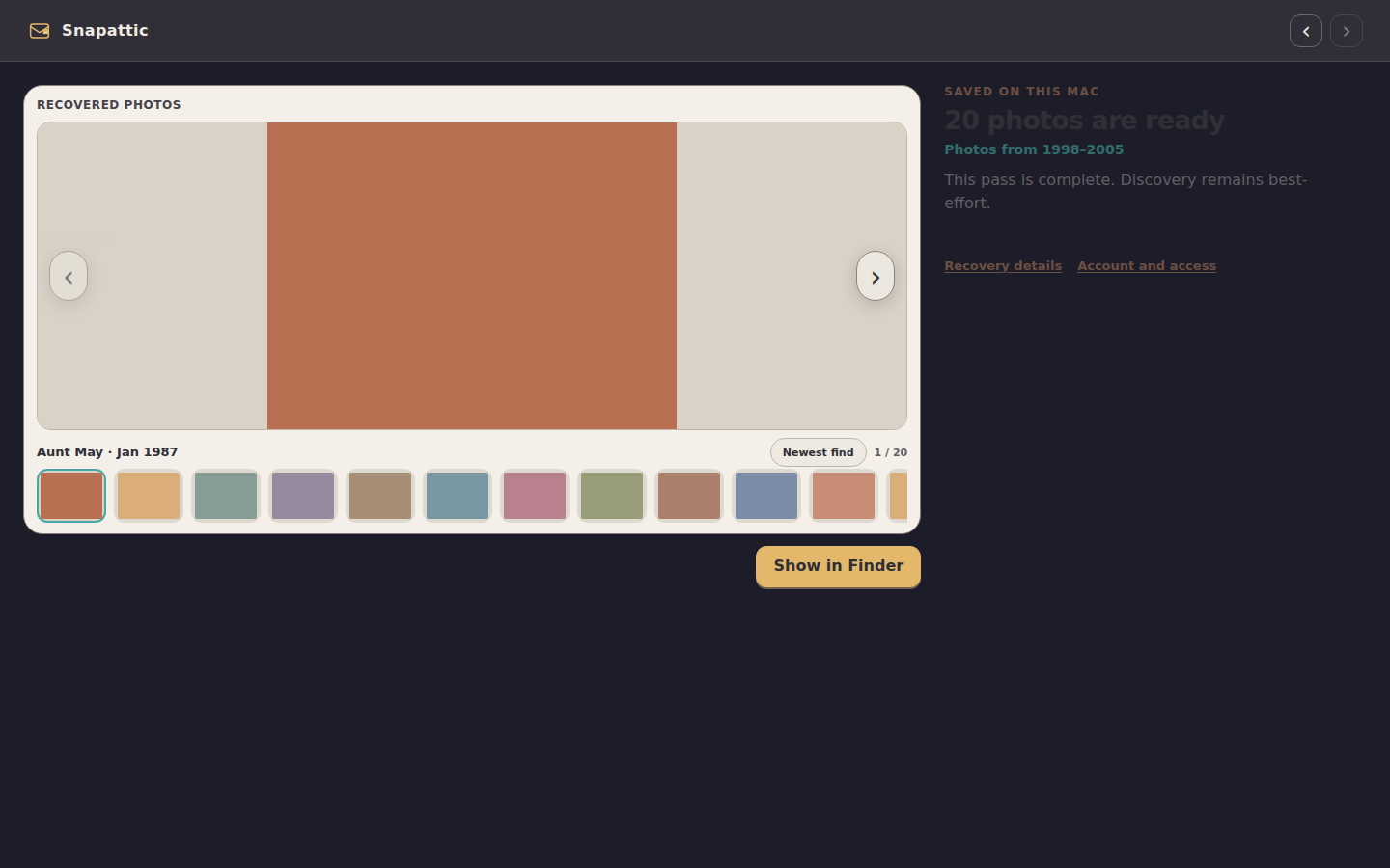 Synthetic Snapattic completion screen with privacy-safe placeholder photo previews
